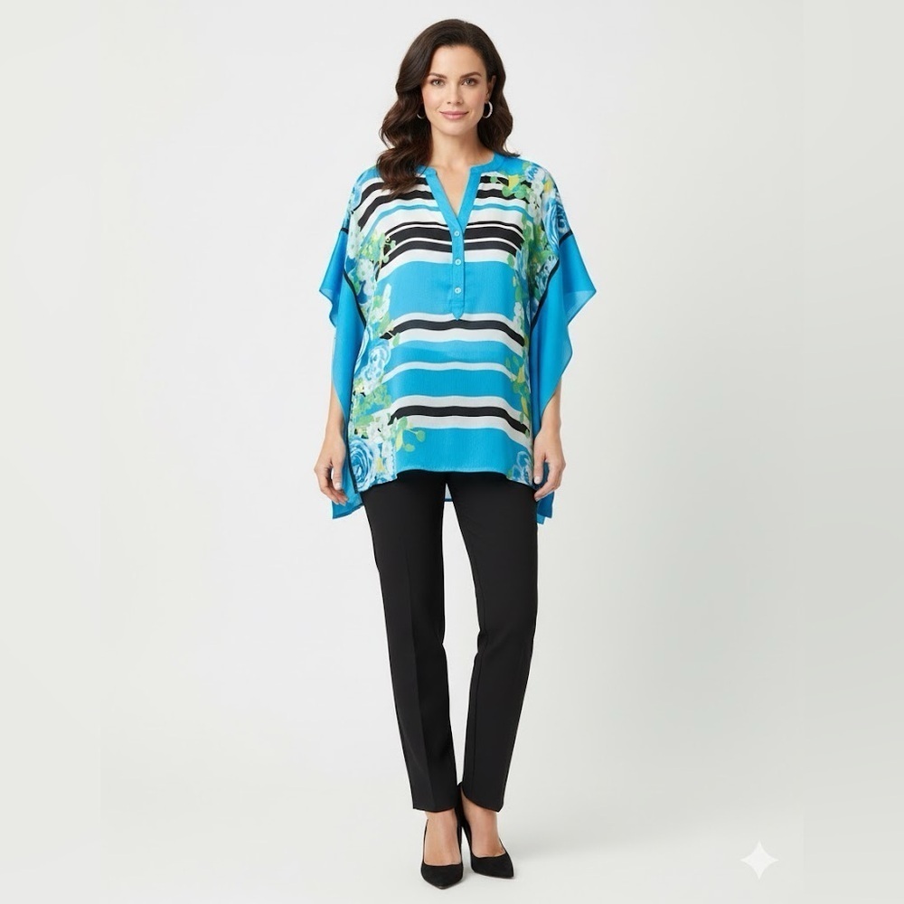 New York & Company Blue Floral Striped Blouse
